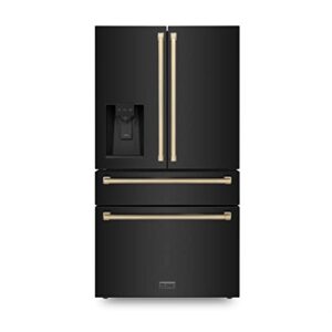 zline 36″ autograph edition freestanding french door refrigerator with water and ice dispenser in fingerprint resistant black stainless steel with champagne bronze handles (rfmz-w-36-bs-cb)
