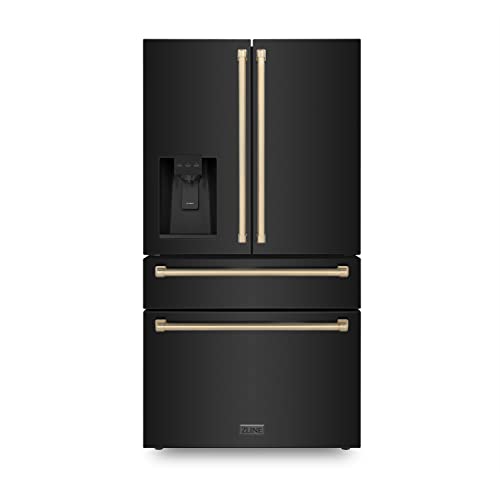 ZLINE 36" Autograph Edition Freestanding French Door Refrigerator with Water and Ice Dispenser in Fingerprint Resistant Black Stainless Steel with Champagne Bronze Handles (RFMZ-W-36-BS-CB)