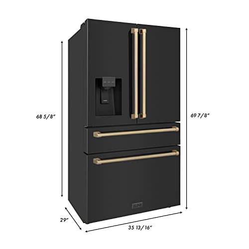 ZLINE 36" Autograph Edition Freestanding French Door Refrigerator with Water and Ice Dispenser in Fingerprint Resistant Black Stainless Steel with Champagne Bronze Handles (RFMZ-W-36-BS-CB)