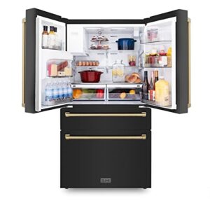 ZLINE 36" Autograph Edition Freestanding French Door Refrigerator with Water and Ice Dispenser in Fingerprint Resistant Black Stainless Steel with Champagne Bronze Handles (RFMZ-W-36-BS-CB)