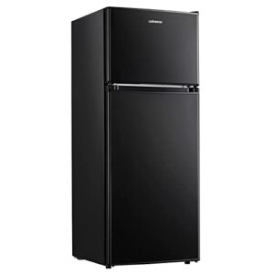 upstreman 4.0 cu.ft compact refrigerator with freezer, double door mini fridge, large capacity mini fridge, adjustable thermostat, mini refrigerator for dorm, office, bedroom, black-br401