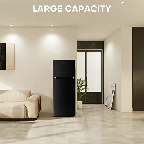 Upstreman 4.0 Cu.Ft Compact Refrigerator with Freezer, Double Door Mini Fridge, Large Capacity Mini Fridge, Adjustable Thermostat, Mini Refrigerator for Dorm, Office, Bedroom, Black-BR401