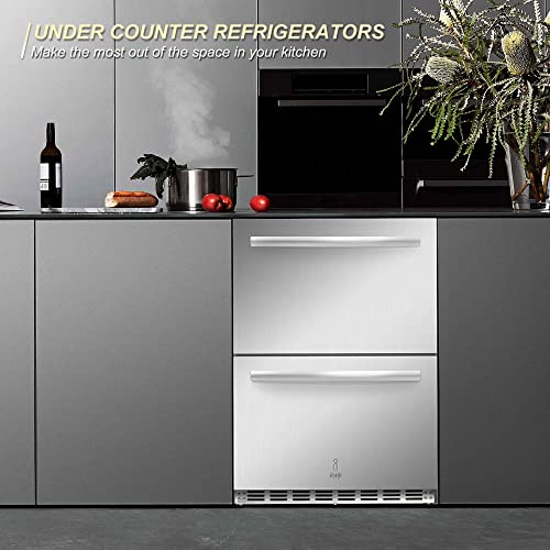 ICEJUNGLE Under Counter Refrigerator, Stainless Steel Under Counter Drawer Fridge Beverage Fridge Refrigerator with Digital Displayfor Outdoor and Home Use