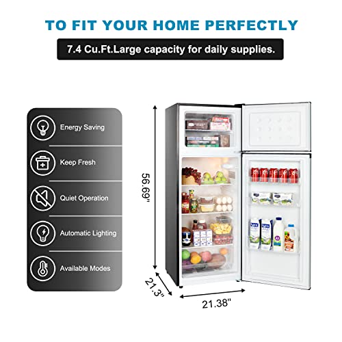 Frestec 7.4 CU' Refrigerator with Freezer, Apartment Size Refrigerator Top Freezer,2 Door Fridge with Adjustable Thermostat Control,Freestanding, Silver (FR 742 SL)