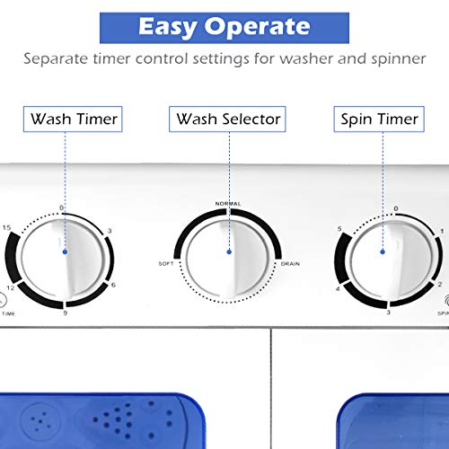 Giantex Portable Mini Compact Twin Tub Washing Machine 17.6lbs Washer Spain Spinner Portable Washing Machine, Blue+ White