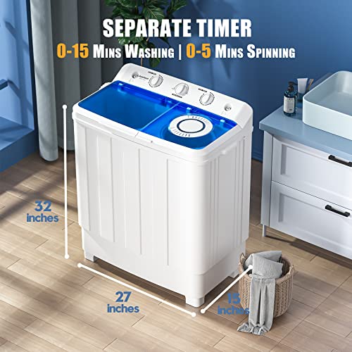 Auertech Portable Washing Machine, 28lbs Twin Tub Washer Mini Compact Laundry Machine with Drain Pump, Semi-automatic 18lbs Washer 10lbs Spinner Combo for Dorms, Apartments, RVs