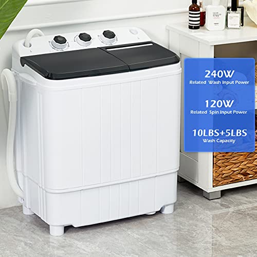 Homguava Portable Washing Machine 15Lbs Capacity Washer and Dryer Combo 2 In 1 Mini Compact Twin Tub Washing Machine Laundry Washer(10Lbs) & Spinner(5Lbs) with Built-in Gravity Drain Pump,Low Noise and Easy Store for Apartment,Dorms,RV Camping (black+whit