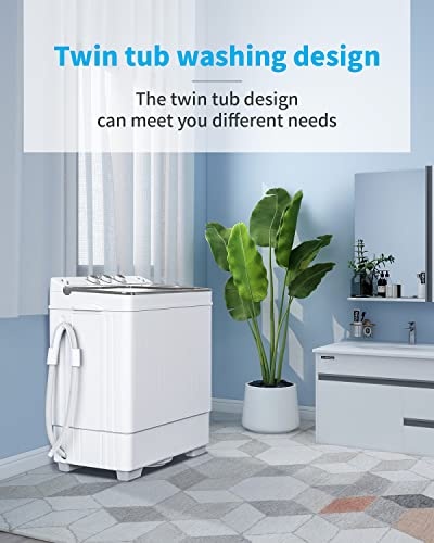 ROVSUN 26lbs Compact Twin Tub Portable Washing Machine, Mini Washer(18lbs) & Spiner(8lbs) / Built-in Drain Pump/Semi-Automatic for Camping, Apartments, Dorms & RV’s (Grey)