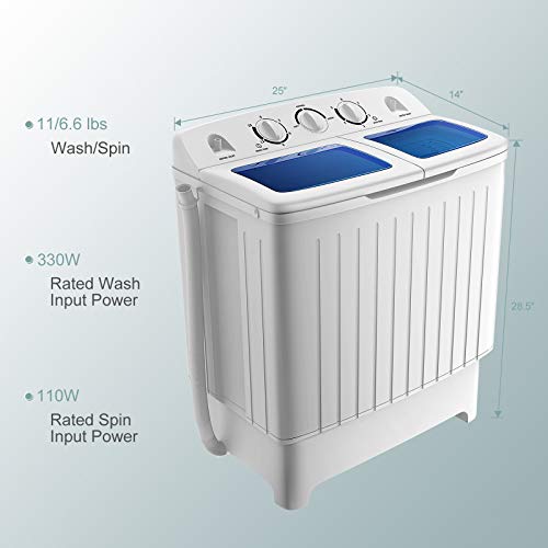 COSTWAY Portable Washing Machine, Twin Tub 17.6Lbs Capacity, Washer(11Lbs) and Spinner(6.6Lbs), Durable Design, Timer Control, Compact Laundry Washer for RV, Apartments and Dorms, Blue