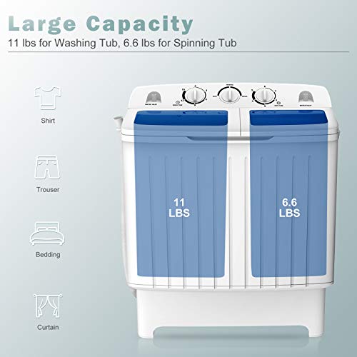 COSTWAY Portable Washing Machine, Twin Tub 17.6Lbs Capacity, Washer(11Lbs) and Spinner(6.6Lbs), Durable Design, Timer Control, Compact Laundry Washer for RV, Apartments and Dorms, Blue