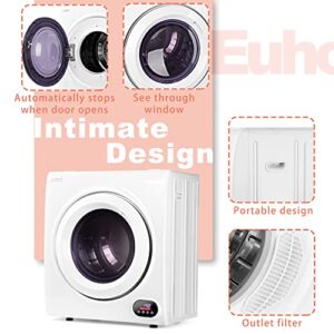 Euhomy Compact Laundry Dryer, 2.65 cu ft Front Load Stainless Steel Clothes Dryers With Exhaust Pipe, 1400W, LCD Control Panel Four-Function Portable Dryer For Apartments, Home, Dorm, White.