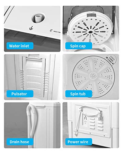 KUPPET Compact Twin Tub Portable Mini Washing Machine 26lbs Capacity, Washer(18lbs)&Spiner(8lbs)/Built-in Drain Pump/Semi-Automatic (White&Gray)