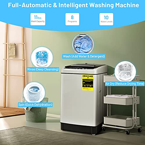 COSTWAY Portable Washing Machine, 11Lbs Capacity Full-automatic Washer with 8 Wash Programs, LED Display, 10 Water Levels, Compact Laundry Washer and Spinner Combo for Apartment Dorm, Grey