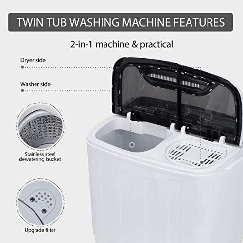 VIVOHOME Electric Portable 2 in 1 Twin Tub Mini Laundry Washer and Spin Dryer Combo Washing Machine with Drain Hose for Apartments 13.5lbs Black & White