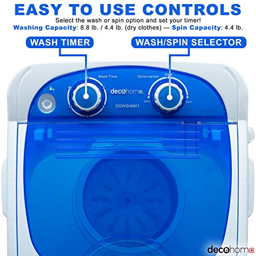 Deco Home Portable Washing Machine for Apartments, Dorms, and Tiny Homes with 8.8 lb Capacity, 250W Power, Wash and Low Agitation Spin Cycle, Includes Drainage Hose, ETL Certified