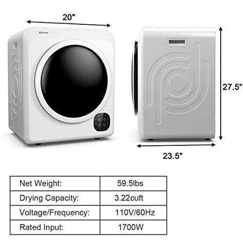 COSTWAY 1700W Electric Portable Clothes Dryer, 13.2 lbs Capacity Front Load Compact Tumble Laundry Dryer with Stainless Steel Tub, Easy Control Button Panel Downside for Variety Drying Mode, White