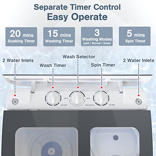 Superday Portable Mini Twin Tub Washing Machine Compact Washer and Spin Dryer w/Wash and Spin Cycle 17.6lbs Capacity For Camping, Apartments, Dorms, College Rooms, RV’S, Delicates, Grey and White