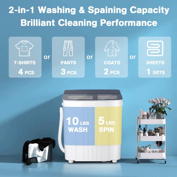 Superday Portable Mini Twin Tub Washing Machine Compact Washer and Spin Dryer w/Wash and Spin Cycle 17.6lbs Capacity For Camping, Apartments, Dorms, College Rooms, RV’S, Delicates, Grey and White