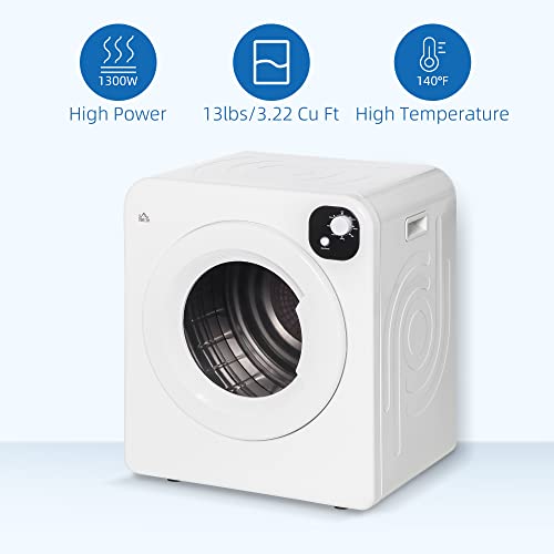 HOMCOM Compact Laundry Dryer Machine, 1300W, 3.22 Cu. Ft. Electric Automatic Portable Clothes Dryer with 7 Drying Modes and Stainless Steel Tub for Apartment or Dorm, White