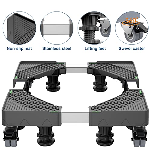 Upgrade Fridge Stand Mobile Base with 8 Locking Wheels and 4 Strong Feet HQO LOVL 27.5”-35.4” Adjustable Furniture Dolly for Washer Dryer Washing Machine Stand Pedestal, Refrigerator Stand (Black)