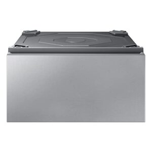 samsung 27-inch bespoke front load washer dryer pedestal stand w/ pull out laundry storage drawer, we502nt, silver steel