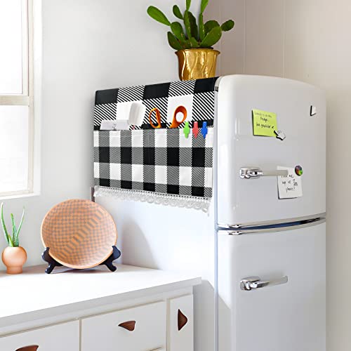 Black White Plaid Laundry Machine Cover Buffalo Checkers Plaids Dryer Top Covers Anti-Slip Fridge Dust Cover, Roller Washing Machine Top Cover Load With 4 Storage Bags