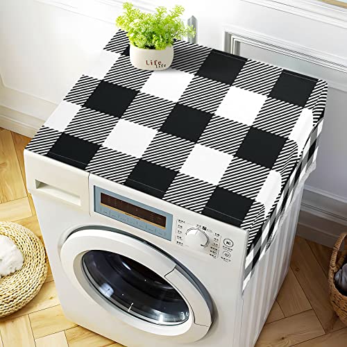 Black White Plaid Laundry Machine Cover Buffalo Checkers Plaids Dryer Top Covers Anti-Slip Fridge Dust Cover, Roller Washing Machine Top Cover Load With 4 Storage Bags