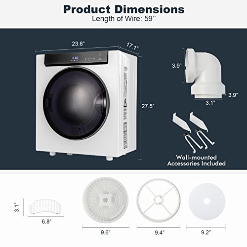 LDAILY 8.8 LBS Compact Dryer, 1400W Electric Clothes Dryer with 3 Heating Options, ECO & IHS Mode, Compact Laundry Dryer with Stainless Steel Tub, Multi-layer Filtration for Home, Apartment, Dorms, White