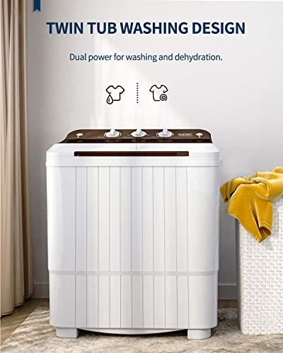 Portable Washing Machine, Anpuce Compact Twin Tub Washer 11Lbs Washer and 5.5 Lbs Spinner Mini Laundry Compact Washer Combo with Gravity Drain for Apartment, Dorms, RVs, Camping and More, White&Brown