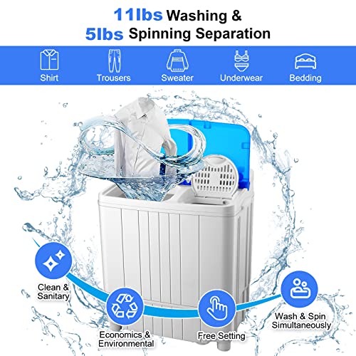 Nictemaw Portable Washing Machine, 16Lbs Capacity Twin Tub Washer and Dryer Combo, 2 in 1 Mini Washer with Built-in Drain Pump/Time Control, Semi-Auto 11Lbs Washer 5Lbs Spinner for Home/Apartments