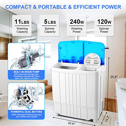 Nictemaw Portable Washing Machine, 16Lbs Capacity Twin Tub Washer and Dryer Combo, 2 in 1 Mini Washer with Built-in Drain Pump/Time Control, Semi-Auto 11Lbs Washer 5Lbs Spinner for Home/Apartments