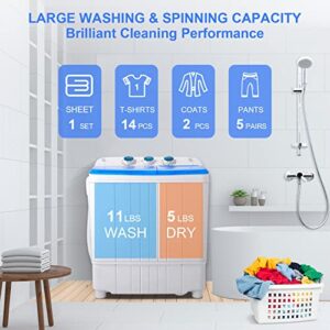 Nictemaw Portable Washing Machine, 16Lbs Capacity Twin Tub Washer and Dryer Combo, 2 in 1 Mini Washer with Built-in Drain Pump/Time Control, Semi-Auto 11Lbs Washer 5Lbs Spinner for Home/Apartments