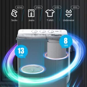 TABU 21Ibs Portable Washing Machine, Compact Washer Machine, Mini Washing Machine, Twin Tub Washer and Spiner, Ideal for Dorms, Apartments, RVs, Camping etc (White & BGrey)