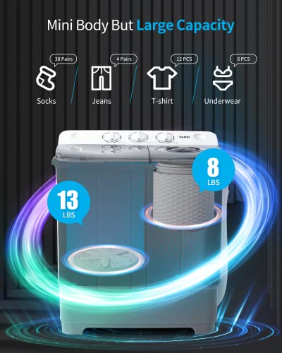 TABU 21Ibs Portable Washing Machine, Compact Washer Machine, Mini Washing Machine, Twin Tub Washer and Spiner, Ideal for Dorms, Apartments, RVs, Camping etc (White & BGrey)