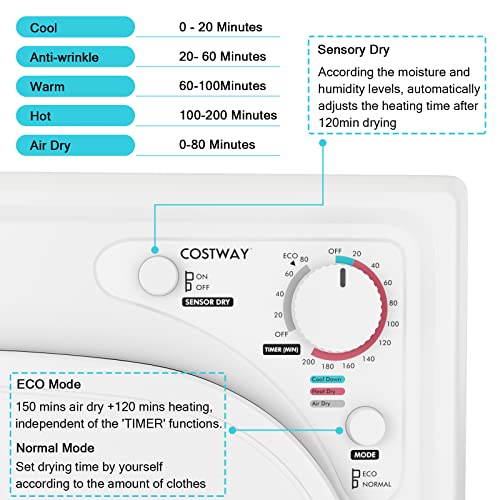 COSTWAY Portable Dryer, Stainless Steel Clothes Dryer with Touch Panel, 2 Modes, 4 Drying Programs and Adjustable Exhaust Vent, 13.2 LBS Front Load Tumble Laundry Dryer for Apartment, Dorm and Home, 1500W, White