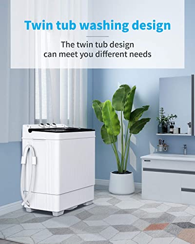 ROVSUN Compact Twin Tub 26lbs Portable Washing Machine, Mini Washer(18lbs) & Spiner(8lbs) / Built-in Drain Pump/Semi-Automatic for Camping, Apartments, Dorms & RV’s