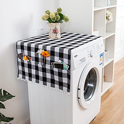 Dstorelhp 2PC 51'' x 22'' Washer Dryer Top Covers, Cotton Fridge Dust Proof Cover, Washing Machine Top Cover with 6 Storage Pockets Bags, Kitchen Bathroom Home Decor, Black White Grey