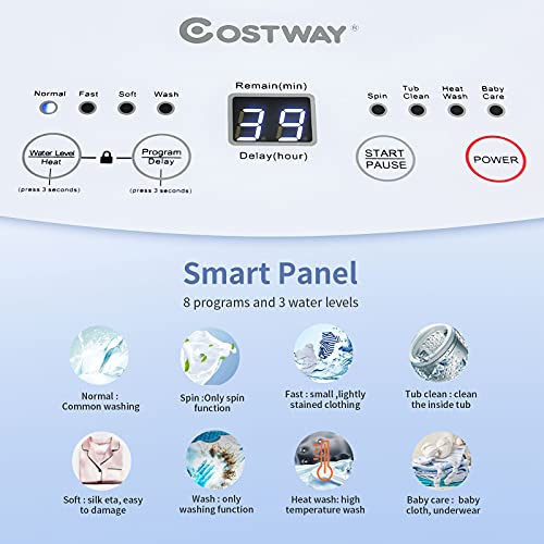 COSTWAY Full Automatic Washing Machine, 7.7Lbs Capacity, 8 Programs, 2-in-1 Portable Washer and Spinner with 24 Hours Delay, 3 Heating Function, Laundry Washer with Drain Pump for Apartment, RV