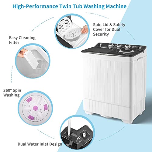 Twin Tub with Built-in Drain Pump 26Lbs Semi-automatic Twin Tube Washing Machine for Apartment, Dorms, RVs, Camping and More, White&Black US Standard