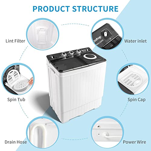 Twin Tub with Built-in Drain Pump 26Lbs Semi-automatic Twin Tube Washing Machine for Apartment, Dorms, RVs, Camping and More, White&Black US Standard