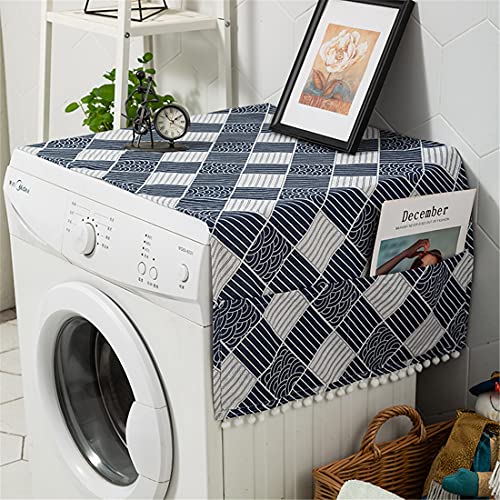 Mvchifay Washing Machine Cover Dustproof Cotton Fridge Cover Decorative Top Load Cover with Side Storage Pockets 54x23inches (Blue cube grids)