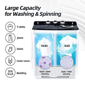 Kumcahom Portable Washing Machine 26Lbs Capacity Washer and Dryer Combo Twin Tub Laundry Washer(18Lbs) & Spinner(8Lbs) with Built-in Gravity Drain Pump,for Apartment,Dorms,RV Camping (black+white)