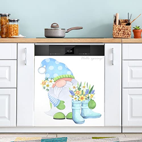 Garden Gnome Rubber Boots Dishwasher Magnet Cover Front Door Spring Flowers Decorative Refrigerator Covers Magnetic Sheet Sticker Wash Machine Fridge Panel Decal for Kitchen Appliance 23x26 in