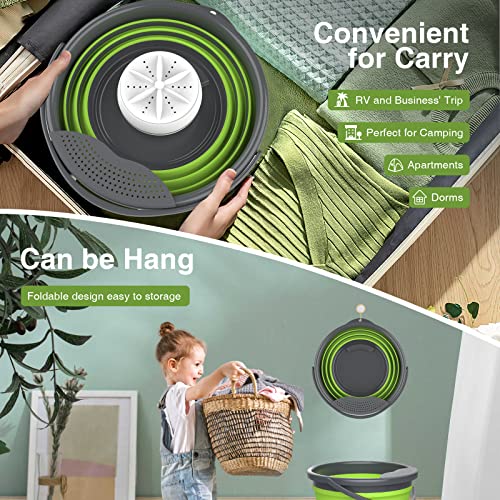 Portable Washing Machine,10L Mini Washing Machine Foldable Laundry Tub, Ultrasonic Turbine Bucket by USB Powered, Baby Clothes Washer for Home Travel Apartments Dorms Socks Underwear Bra-Green