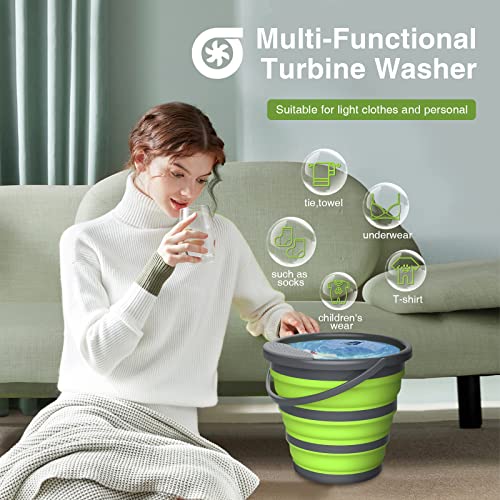 Portable Washing Machine,10L Mini Washing Machine Foldable Laundry Tub, Ultrasonic Turbine Bucket by USB Powered, Baby Clothes Washer for Home Travel Apartments Dorms Socks Underwear Bra-Green