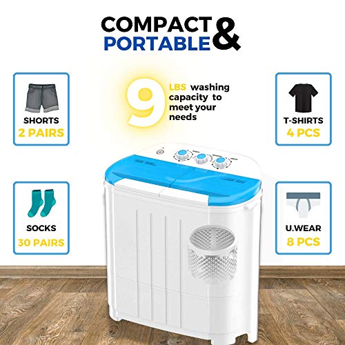 Intexca US Portable Twin Tub Mini Washing Machine w/ Spin and Dryer Function, Compact Design for College Dorms, Apartment, RV’s. Mini laundry Barrel Washer for Baby Clothes, Underwear, Delicates -Black