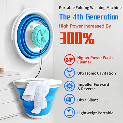 Portable Mini Washing Machine with Foldable Bucket Ultrasonic Vibration Turbine Rotating Folding Washer for Underwear/Underpants/Baby Clothes/Socks