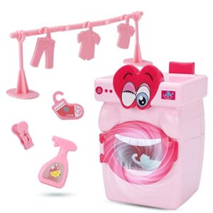 children’s mini washing machine toy manual roller toy electric girl play house with clothes, detergent (pink washing machine)