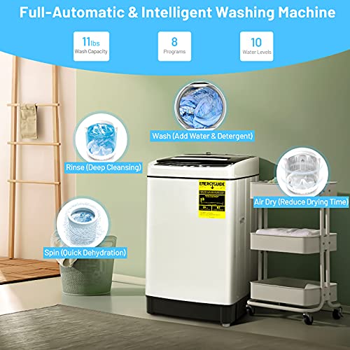 Mayjooy Portable Washing Machine, 1.5 cu.ft Full-Automatic Washer w/11lbs Capacity, 8 Wash Programs & 10 Water Levels, Compact Laundry Washer and Dryer Combo, Top Load Washer for Apt/Dorm (White)