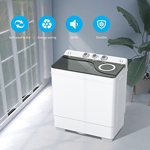 Compact Twin Tub Washing Machine, Anpuce Portable Mini Washer Portable Laundry Washer w/Wash and Spin Cycle Combo Built-in Drain Pump/Semi-Automatic 26lbs Capacity for Camping, Apartments, Dorms, College Rooms, RV’s, White&Gray
